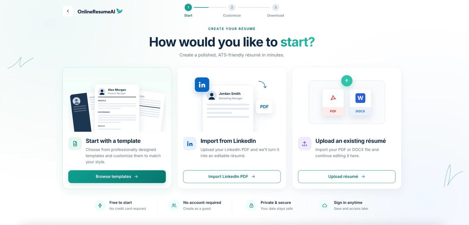 The OnlineResumeAI start screen asking "How would you like to start?", with three options: Start with a template, Import from LinkedIn and Upload an existing rΓ©sumΓ©