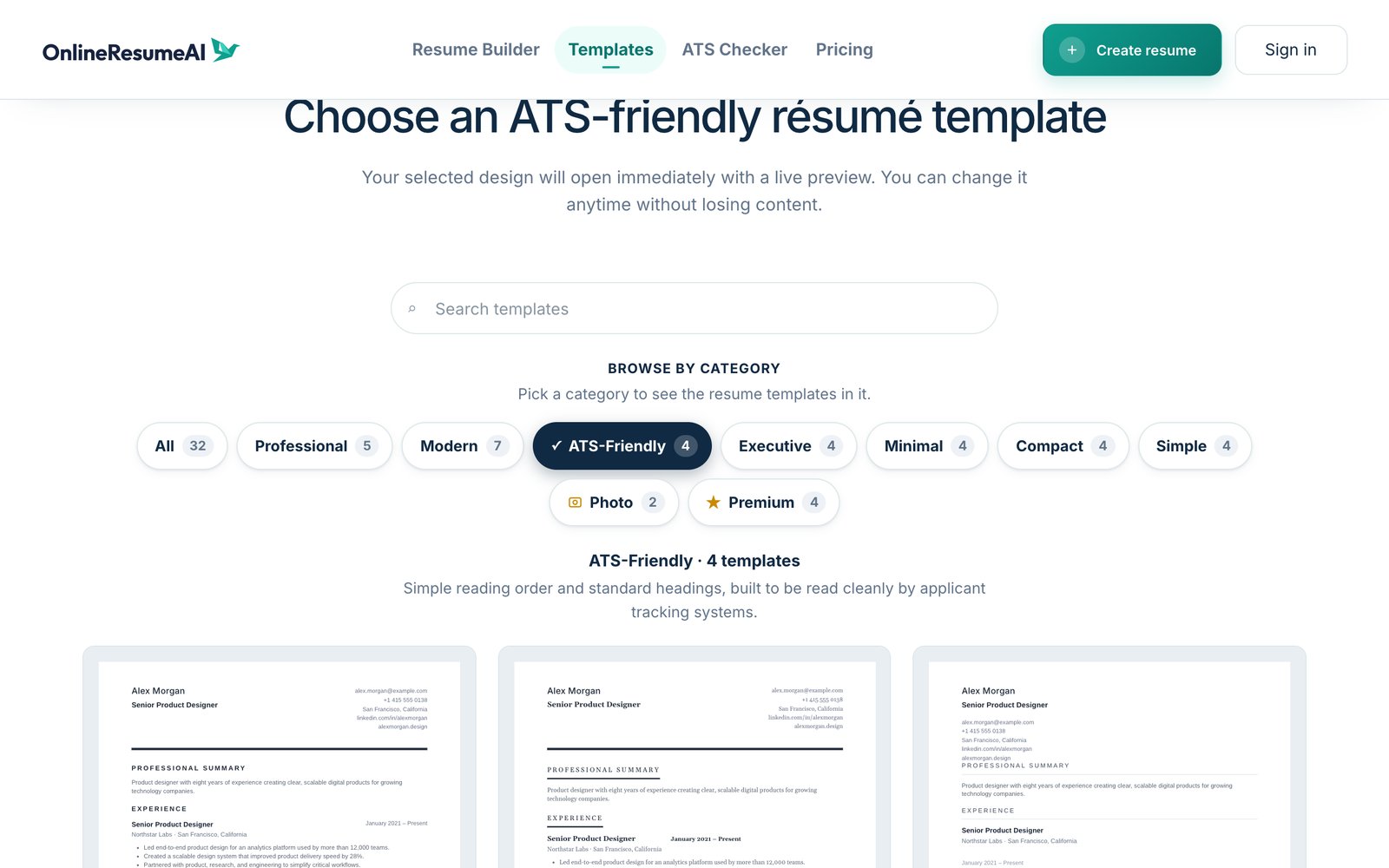 The template gallery with category tabs and resume template previews