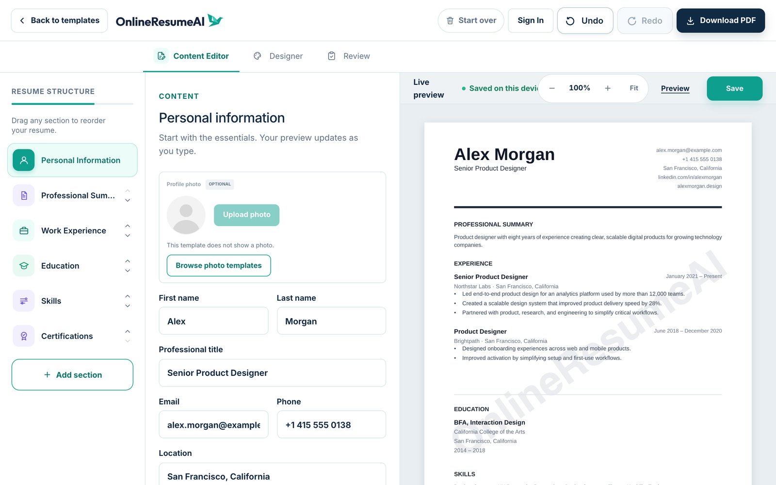 The resume editor with sections on the left, the editing panel in the middle and the live preview on the right, filled with sample content