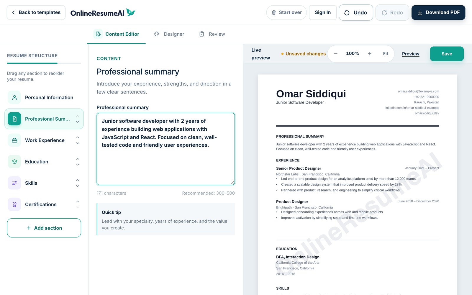 The professional summary editor with a character count, a recommended length and a quick tip