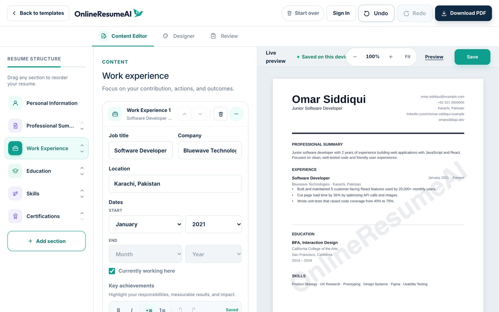 The work experience editor with job title, company, location, dates, a Currently working here checkbox and key achievements