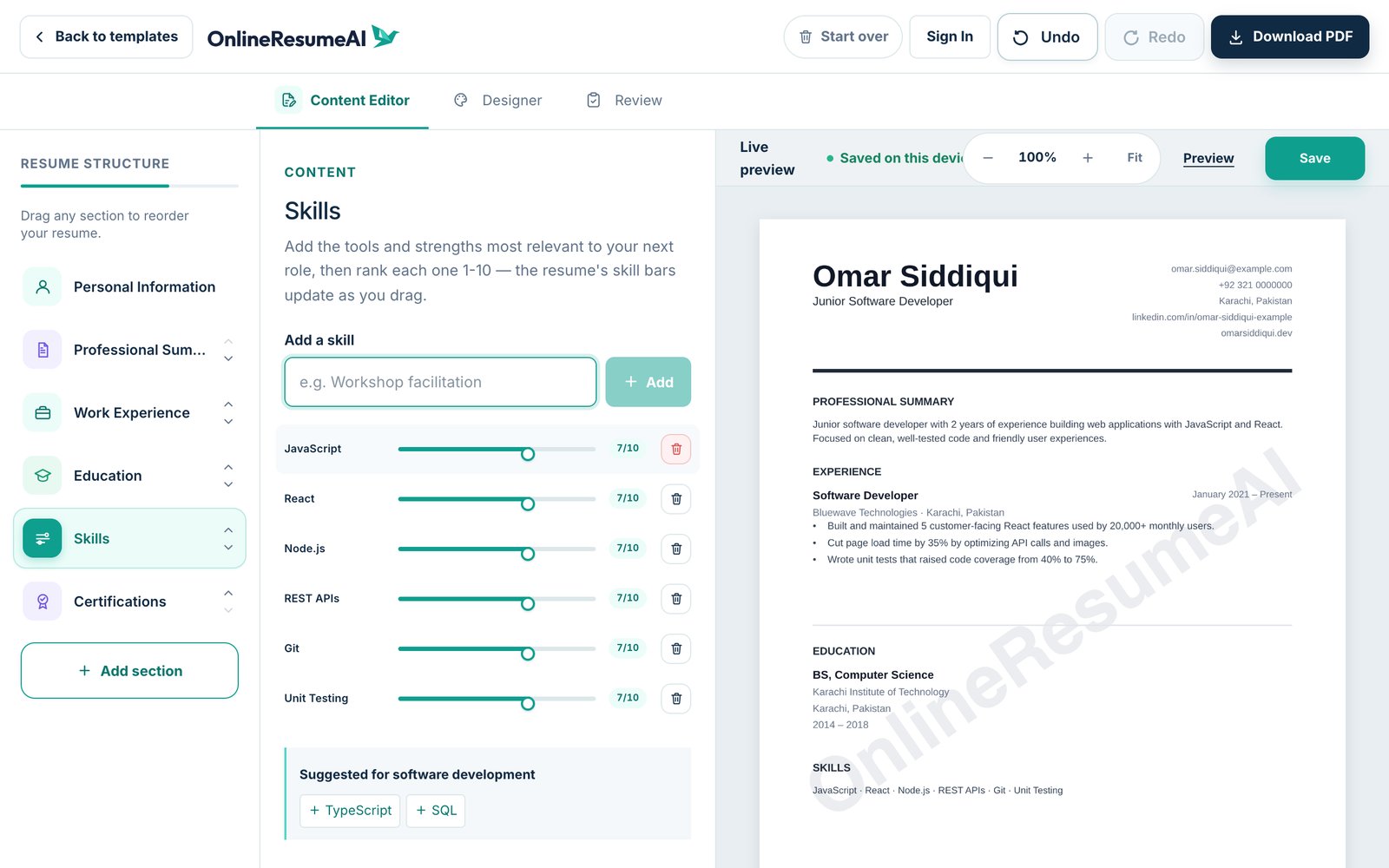 The skills editor with JavaScript, React, Node.js and other skills, each with a 1β10 slider