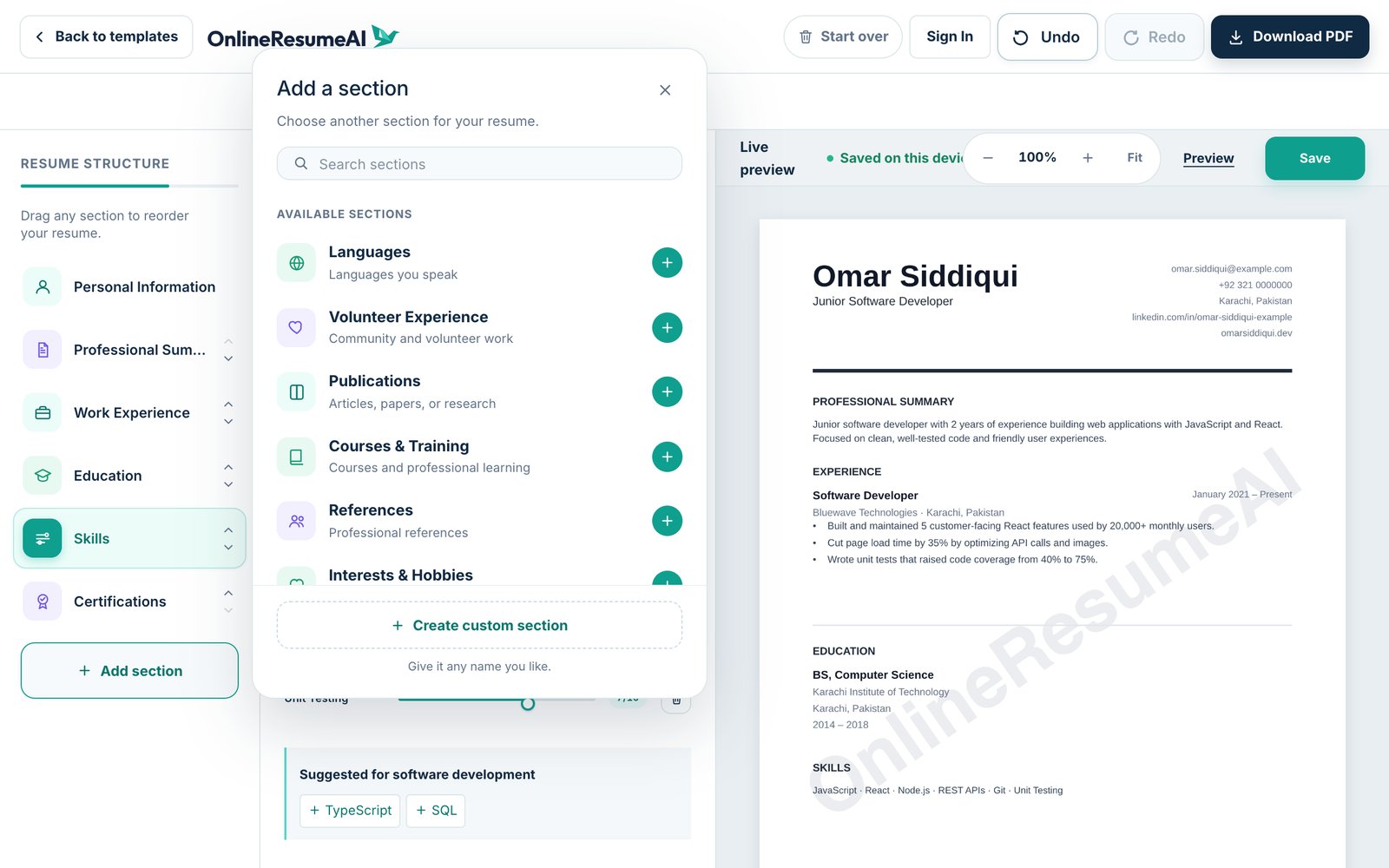 The Add a section window listing Languages, Volunteer Experience, Publications, Courses & Training, References and more, plus Create custom section
