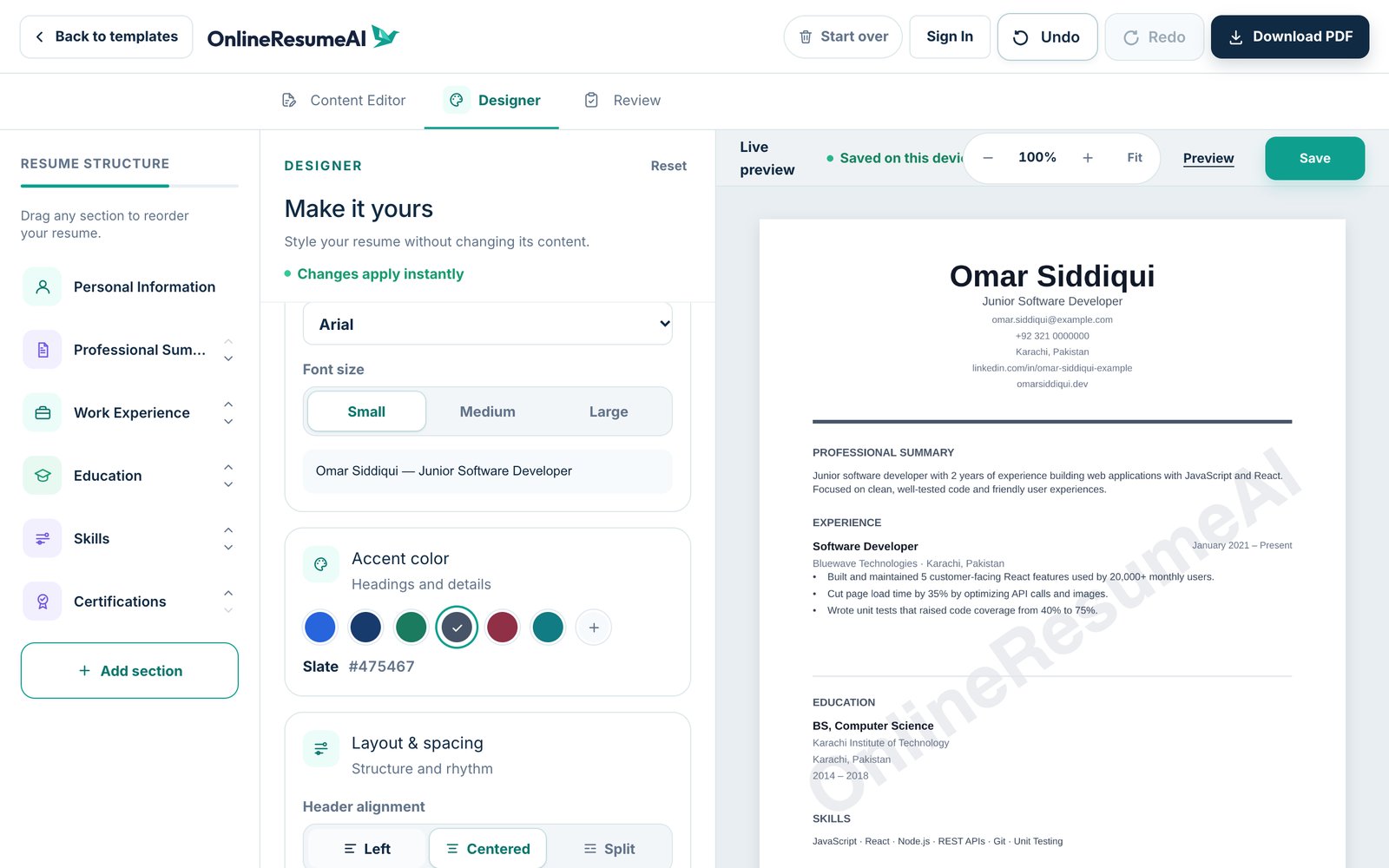 The accent color swatches and header alignment options, with the preview showing a centered header in slate