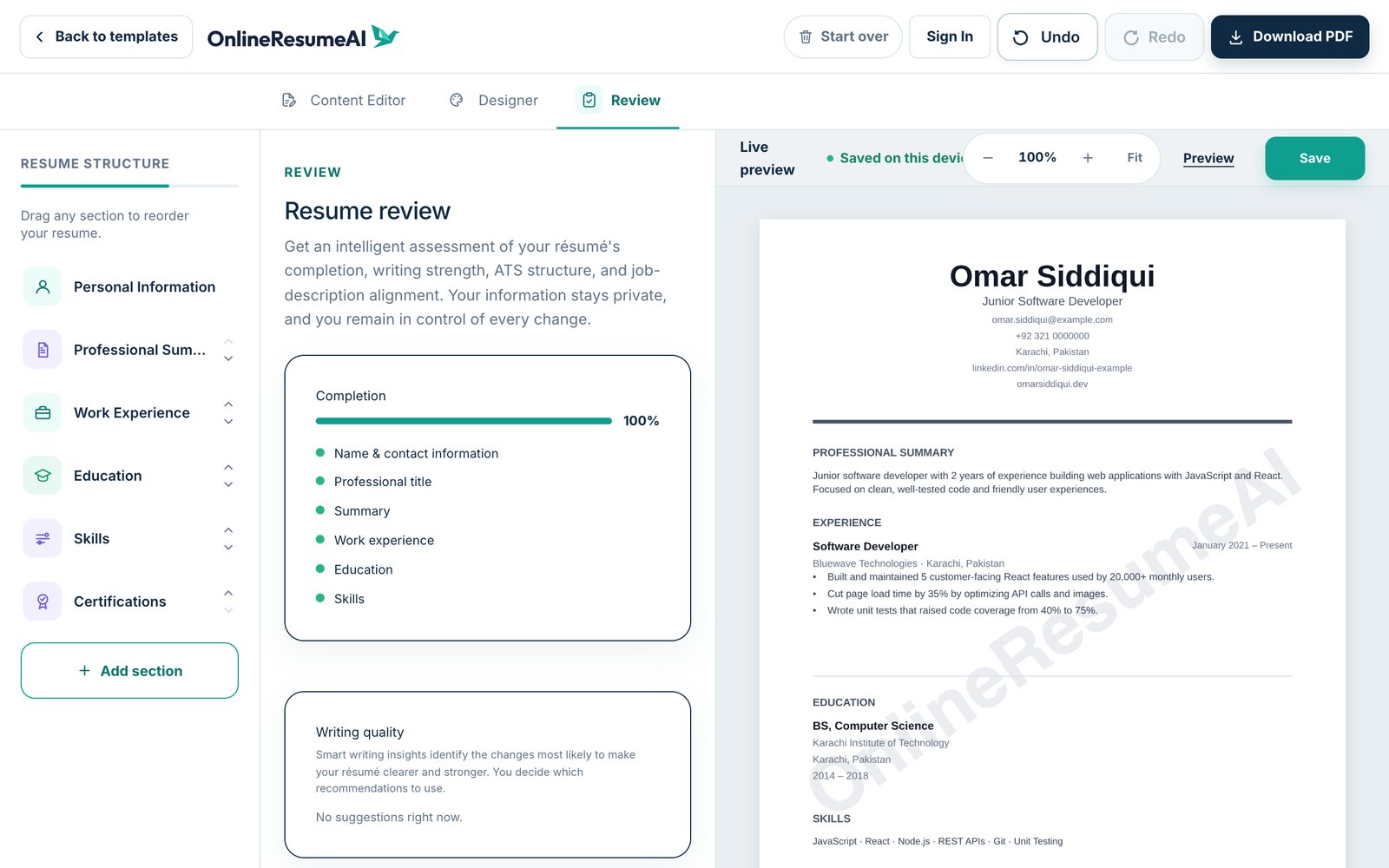 The Resume review tab showing 100% completion and a Writing quality section