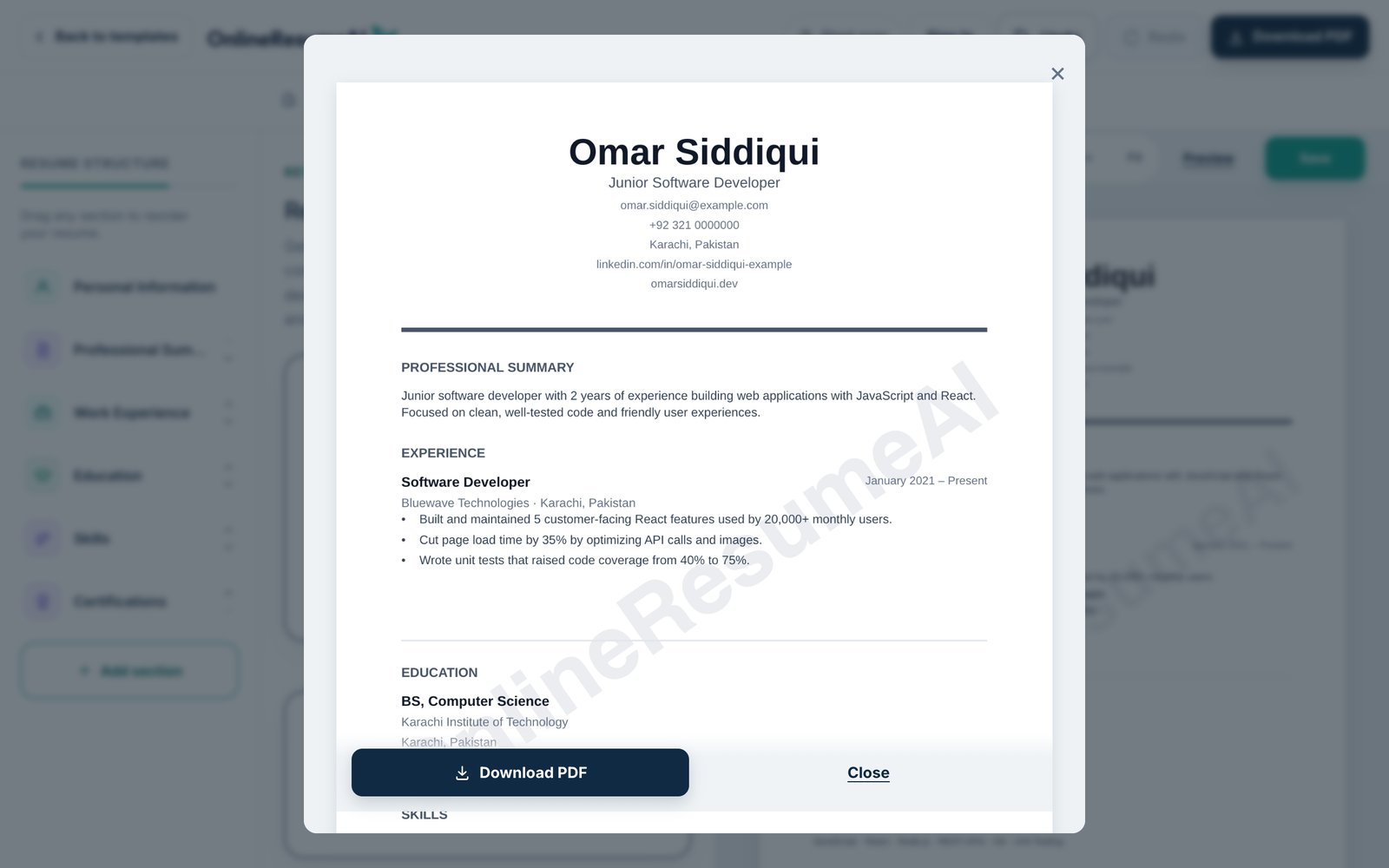 The full-size resume preview with a Download PDF button