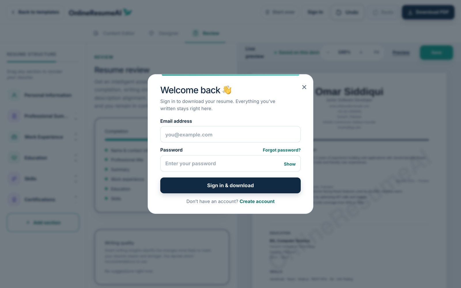 The "Sign in to download your resume" window with email and password fields and a Create account link