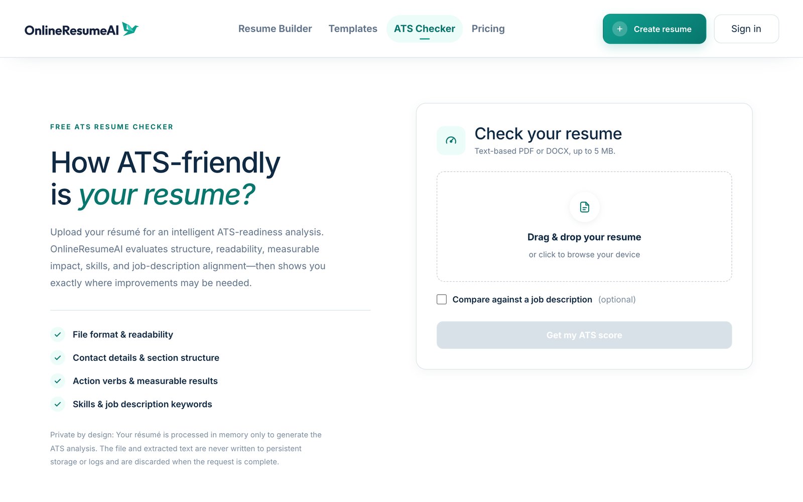 The OnlineResumeAI ATS Checker page, headed "How ATS-friendly is your resume?", with an upload box