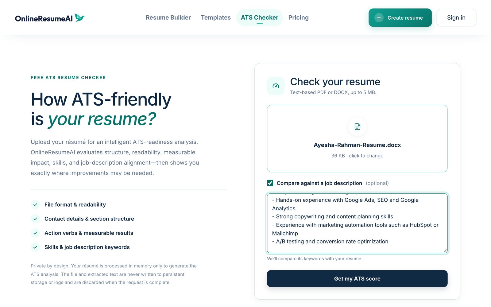 A resume file added and a job description pasted into the optional comparison box, ready to check