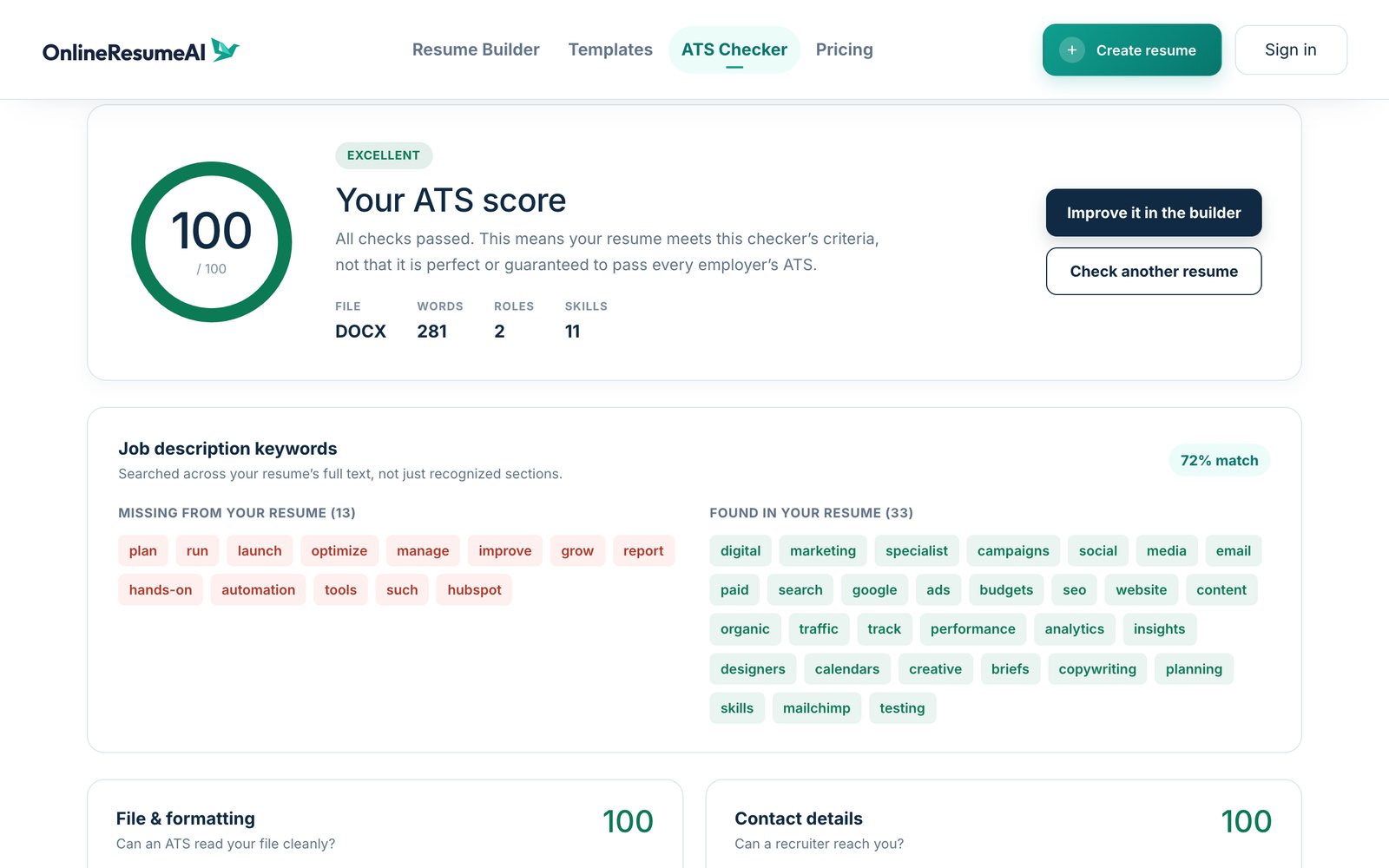 The updated resume scoring 100 out of 100, Excellent, with a 72% keyword match