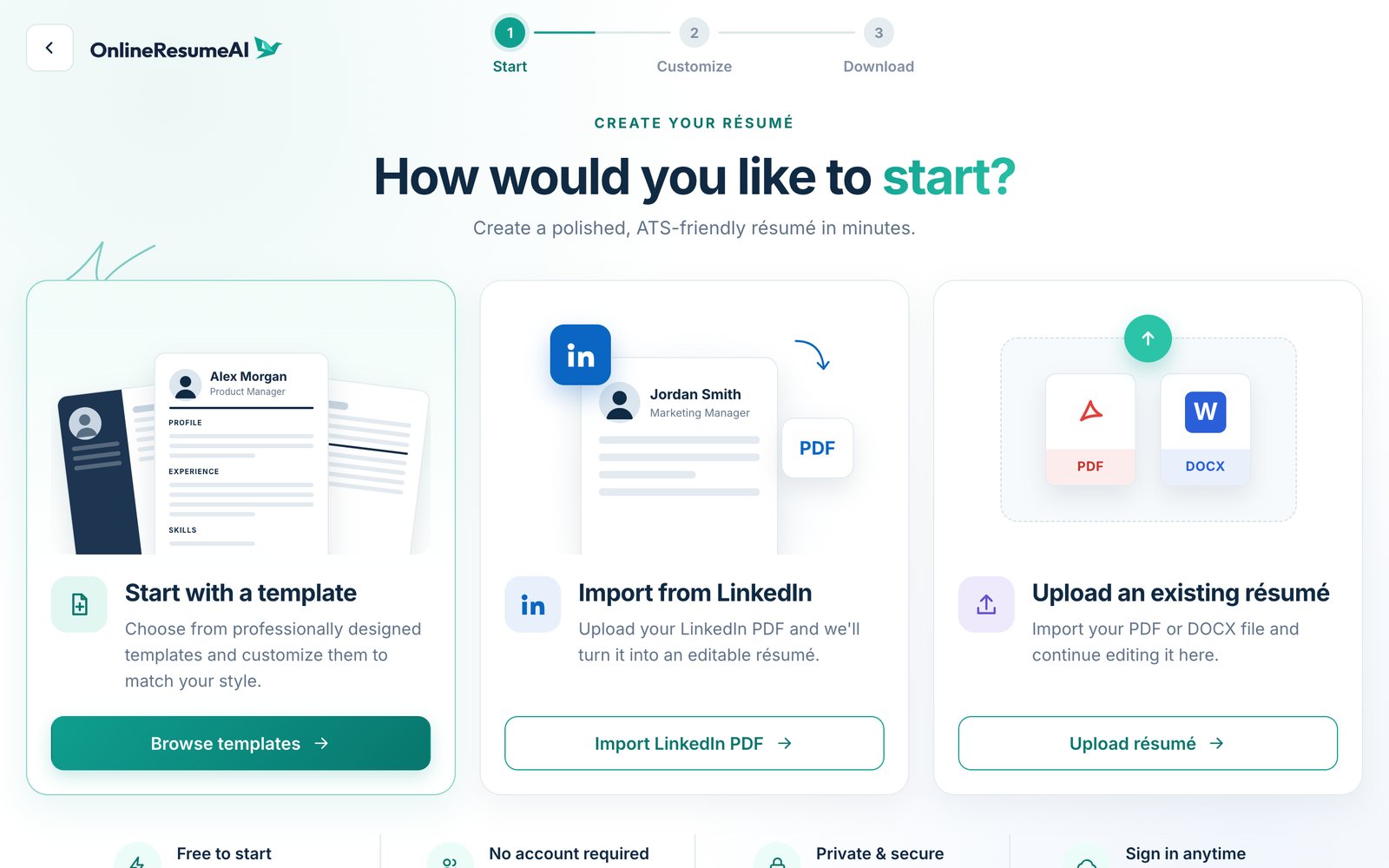The OnlineResumeAI start screen asking "How would you like to start?", with three options: Start with a template, Import from LinkedIn and Upload an existing résumé