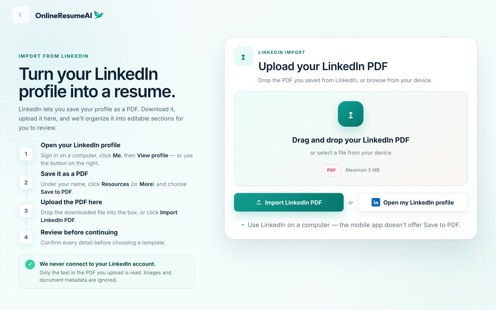 The LinkedIn import page with step-by-step instructions and an upload box for the LinkedIn PDF