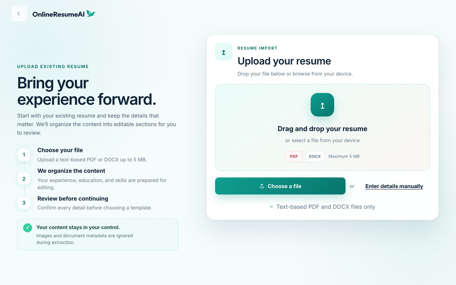 The upload page, accepting text-based PDF and DOCX files up to 5 MB