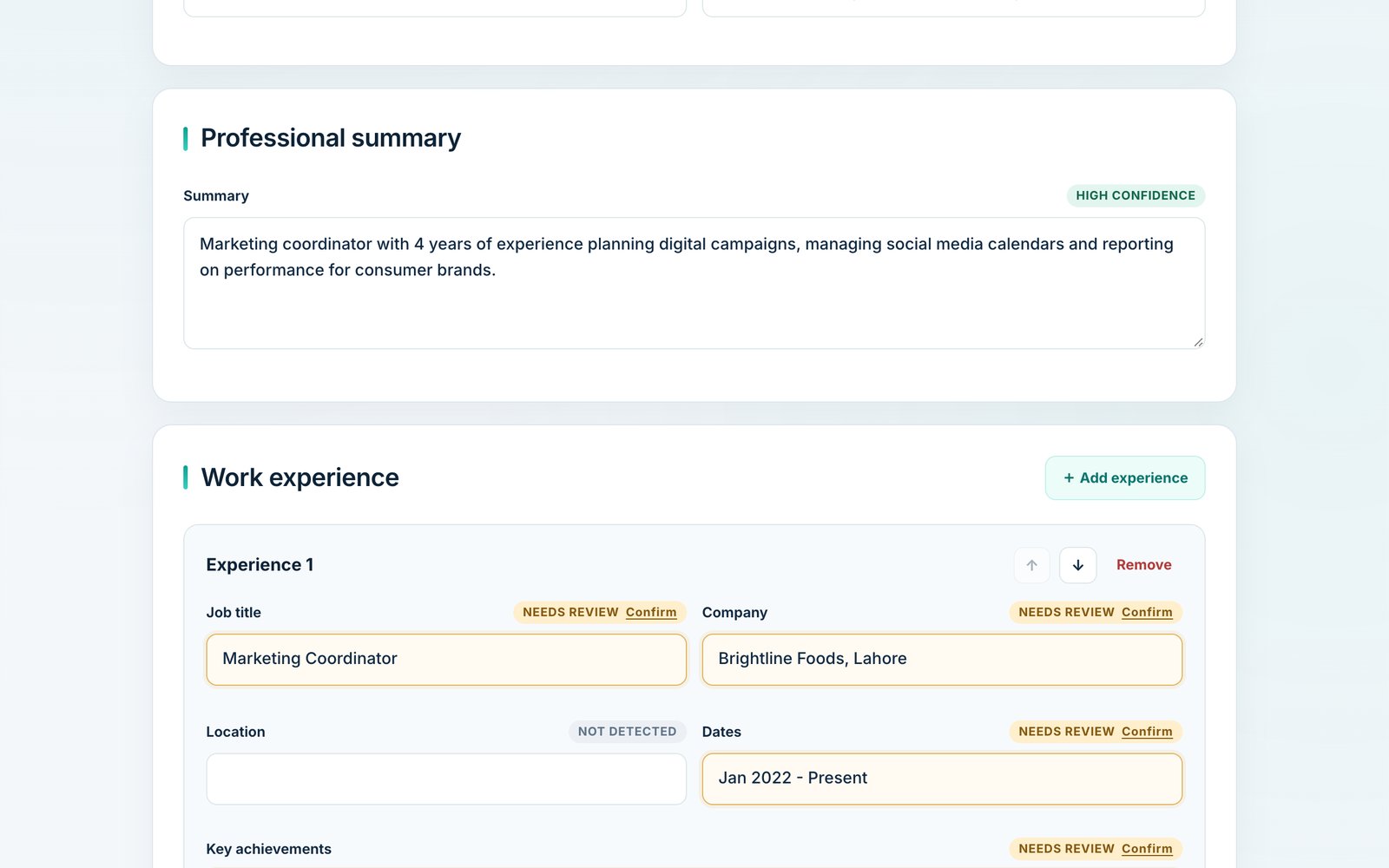 Work experience on the review screen, with editable job title, company, dates and key achievements, plus arrows to reorder and a Remove button