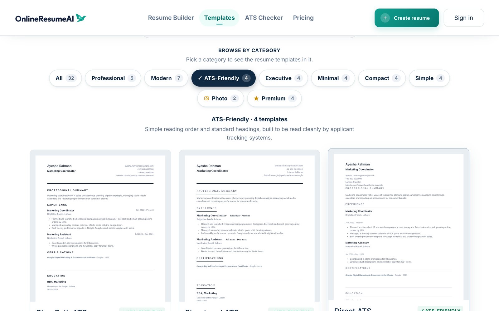 The template gallery, with each template preview showing the uploaded resume content