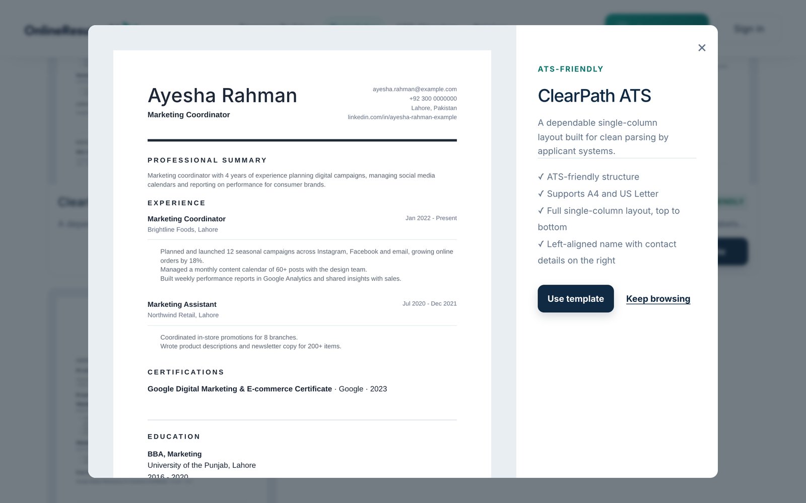 A template preview window showing the imported resume in the ClearPath ATS template, with a Use template button