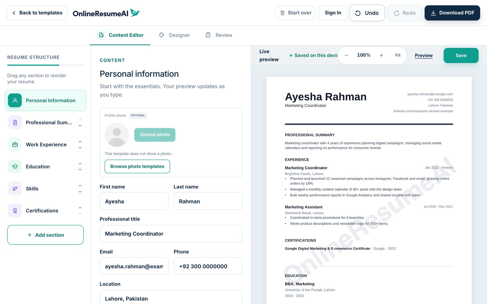 The resume editor with the imported details filled in on the left and a live preview of the finished resume on the right